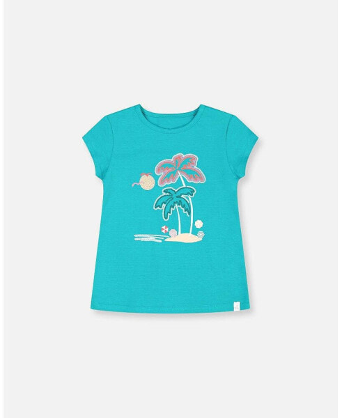 Girl Organic Cotton Tee With Print Turquoise - Toddler|Child