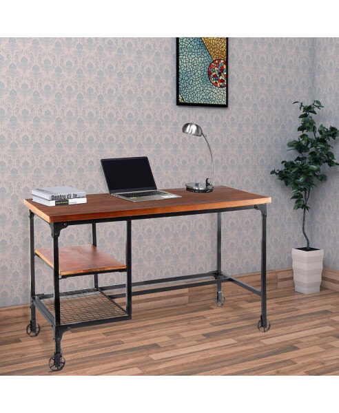 Industrial Style Wood And Metal Desk With Two Bottom Shelves, Brown And Black