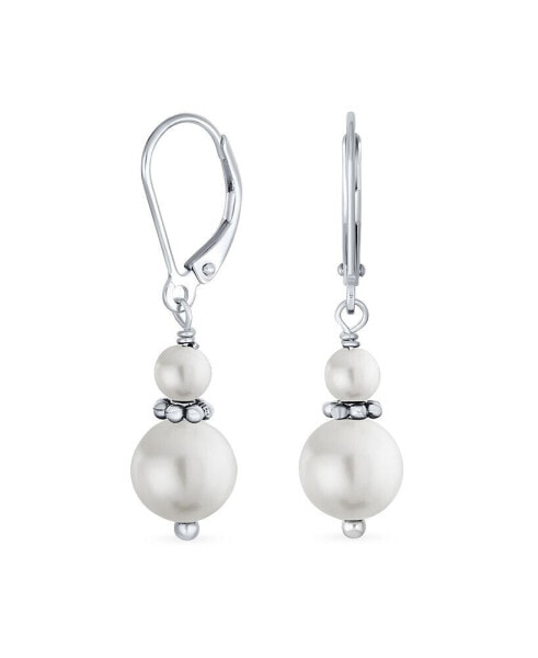 Bridal Edged Rondel Bead Double White Freshwater Cultured Pearl Pear Shape Teardrop Dangle Earrings Sterling Silver Lever back Wedding June Birthstone