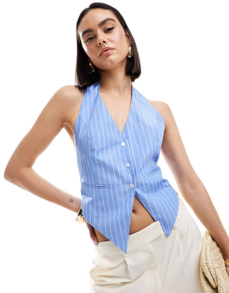 Stradivarius halterneck pinstripe waistcoat in blue