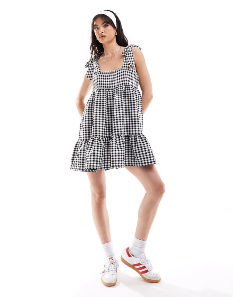 Miss Selfridge tiered gingham mini dress with tie shoulders