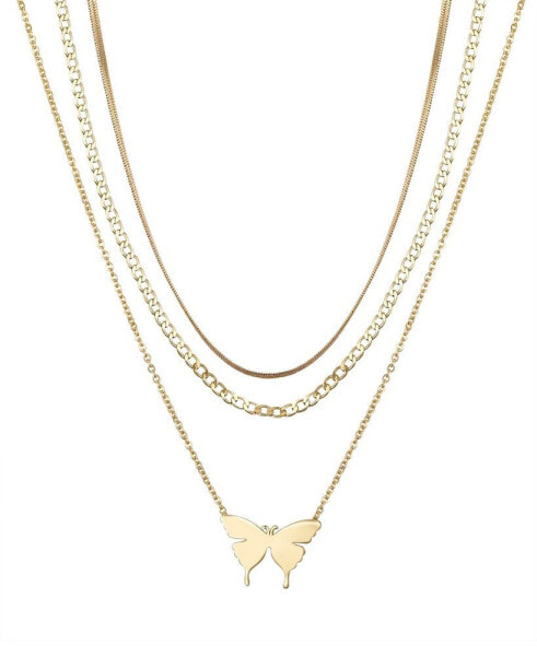 14k Gold Flash Plated Butterfly Herringbone Pendant Necklaces, 3 Piece Set