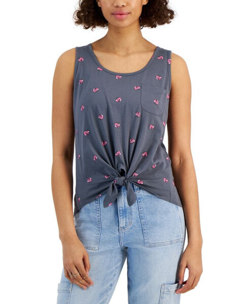 Juniors' Roses Tie-Front Tank Top