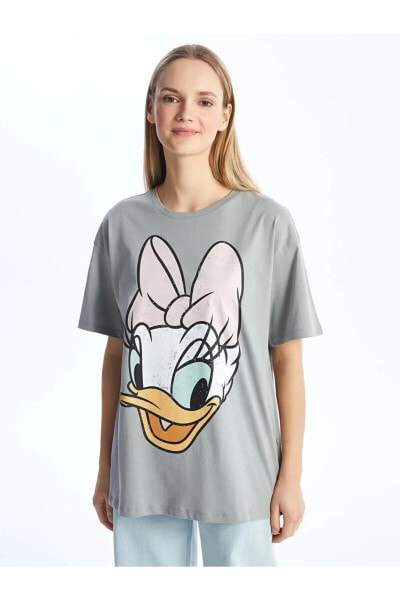 LCW Modest Bisiklet Yaka Daisy Duck Baskılı Kısa Kollu Oversize Kadın Tişört