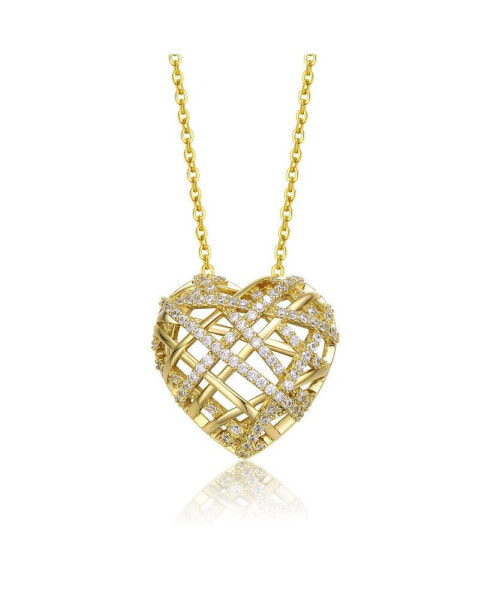Sterling Silver 14k Yellow Gold Plated with Cubic Zirconia Knotted Ribbon 3D Puffed Heart Pendant Necklace