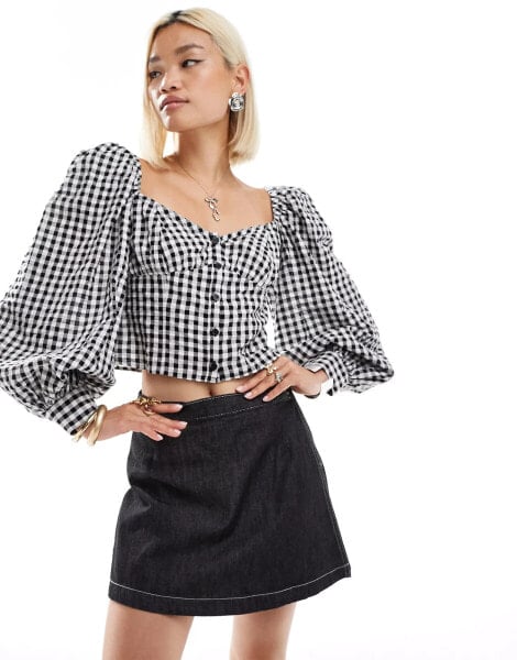 Monki long sleeve seersucker button front blouse in black and white check gingham