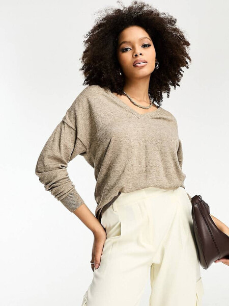 Object v neck jumper in fossil beige melange