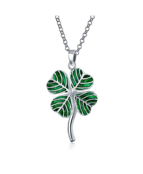 Saint Patrick Irish Shamrock Green Good Luck Charm 4 Leaf Clover Pendant Necklace For Women .925 Sterling Silver