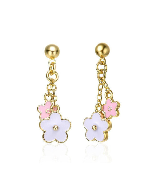 Kids 14k Yellow Gold Plated Flower Enamel Drop Earrings