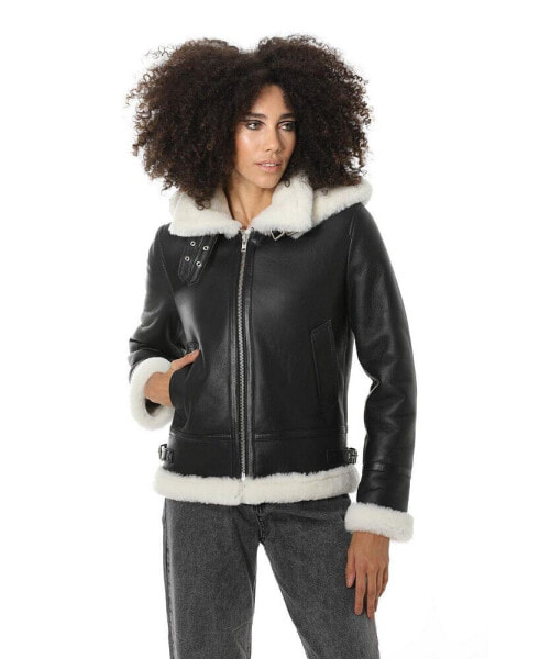 Women's Detachable Hooded Shearling Jacket, Silky Black with White Wool