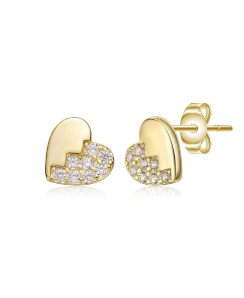 Sterling Silver 14K Gold Plated Clear Cubic Zirconia Heart Stud Butterfly Earrings For Kids