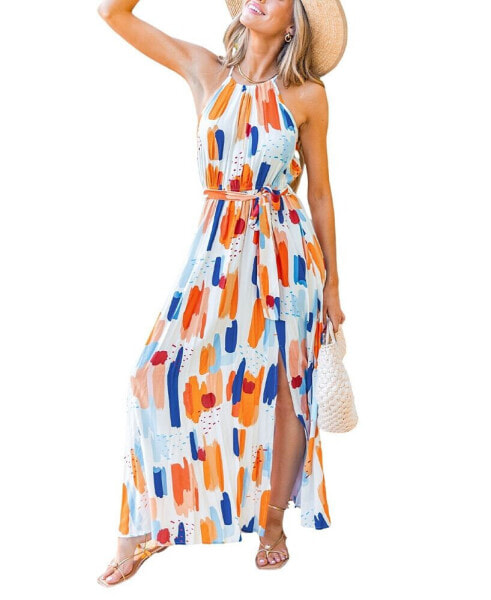 Women's Abstract Print Waist Tie Maxi Beach Dress