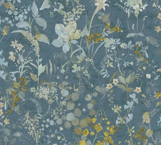 Landhaus-Tapete Floral Petrol Blau Gelb