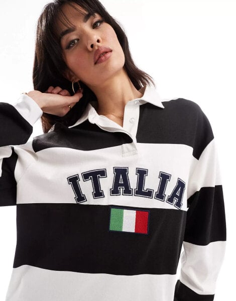 ASOS DESIGN rugby shirt with embroidered italia graphic in mono stripe