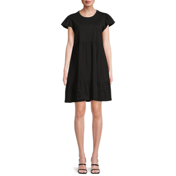 Time and Tru Tiered Knit Dress With Pockets Women Small Black Short Sleeve Solid