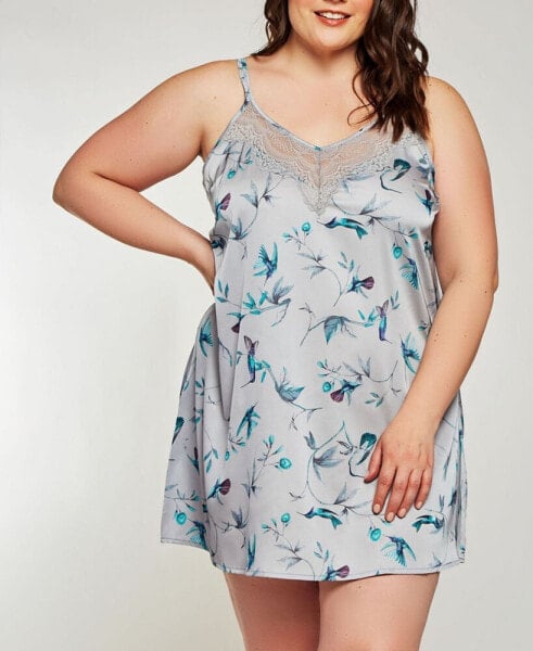 Plus Size Hummingbird Print Chemise Nightgown Lingerie, Online Only