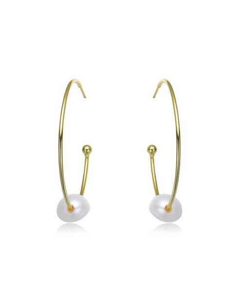 Stylish Sterling Silver 14K Gold Plating and Genuine Freshwater Pearl Round Hoop Earrings