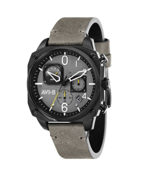 Men's Hawker Hunter Chronograph Retrograde Edition Gray Genuine Leather Strap Watch 45mm