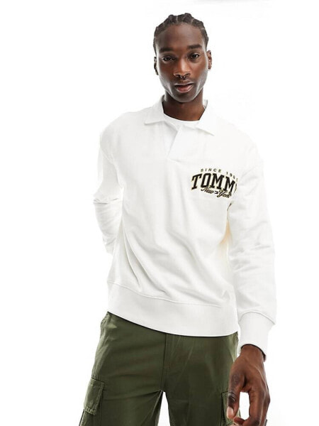 Tommy Jeans relaxed luxe varsity rugby shirt in white