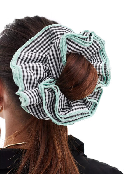 DesignB London gingham hair scrunchie with contrast green stitching