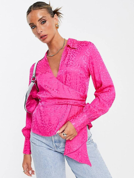 Topshop jacquard wrap front top in bright pink