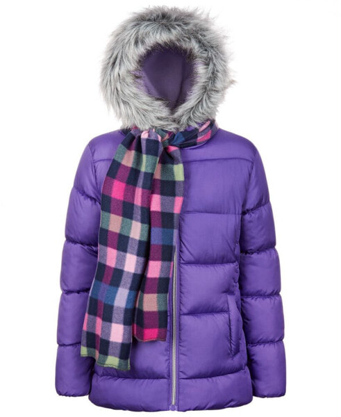 Big Girls Solid Quilt Puffer Coat & Plaid Scarf