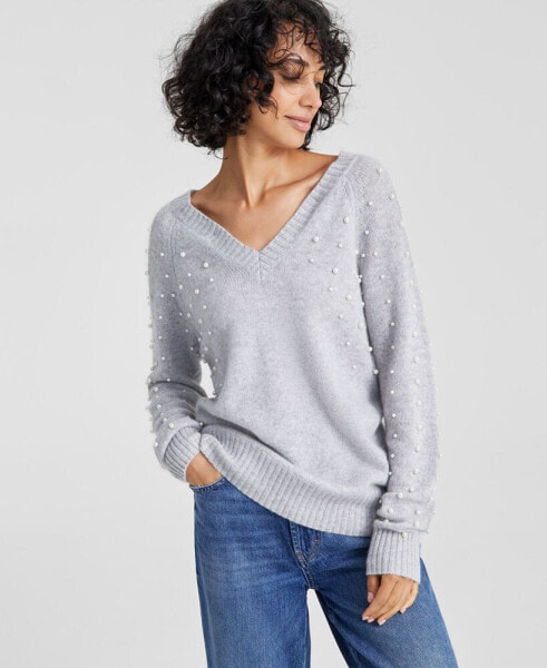 Women's Cashmere Faux-Pearl Double V-Neck Sweater, Created for Macy's