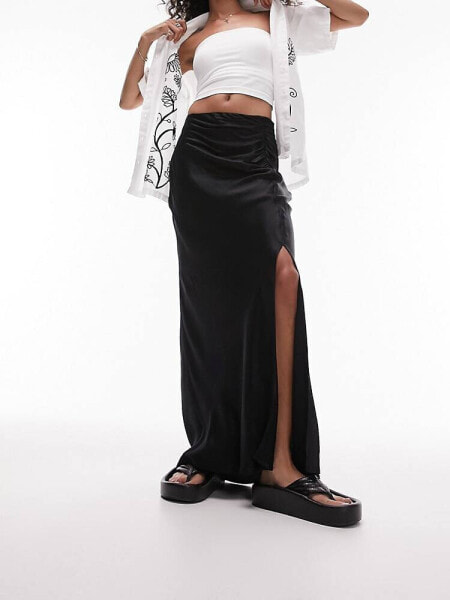 Topshop ruched side maxi skirt in black