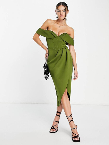 ASOS DESIGN  off shoulder corset midi dress in olive