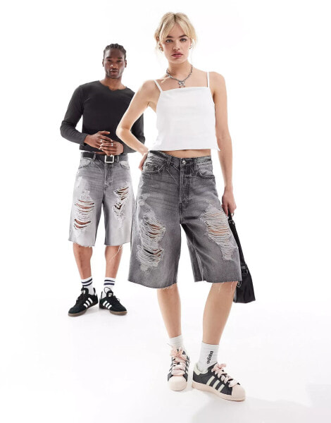 Weekday Astro Unisex baggy denim jorts in Black grumble