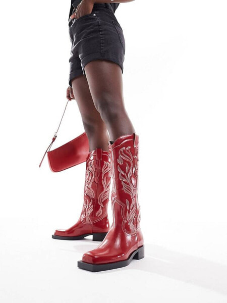 Stradivarius suede square toe western boot in red