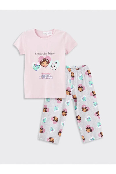 LCW Kids Bisiklet Yaka Gabby's Dollhouse Baskılı Kısa Kollu Kız Çocuk Pijama Takımı