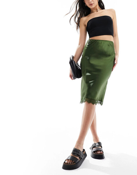 ASOS DESIGN satin midi skirt with lace trim in khaki