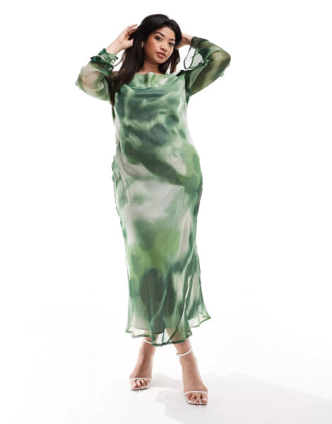 ASOS DESIGN Curve chiffon long sleeve midi dress in green abstract print