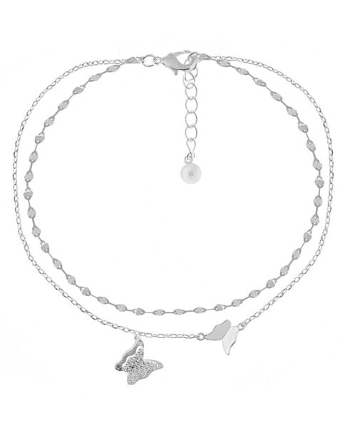 Cubic Zirconia Double Row Butterfly Charm Anklet in Silver Plate