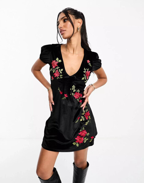 ASOS DESIGN ruched bust cap sleeve mini dress in velvet with rose embroidery