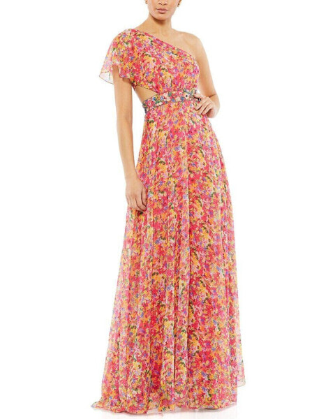 Mac Duggal Floral Print One Shoulder Butterfly Sleeve A-Line Women's