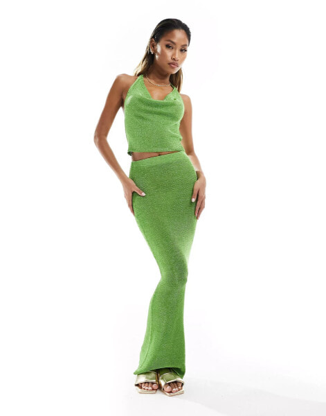 In The Style x Perrie Sian metallic knitted maxi skirt co-ord in green