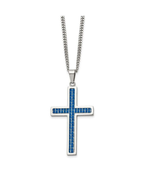 Blue Carbon Fiber Inlay Cross Pendant Curb Chain Necklace