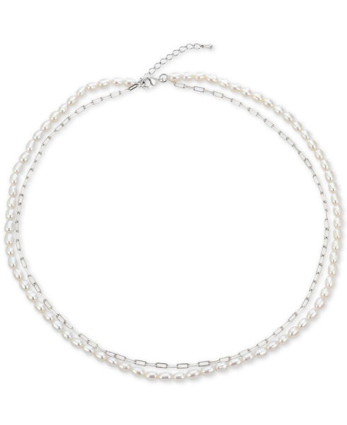 Cultured Freshwater Pearl (4-4-1/2mm) & Paperclip Chain Layered Necklace 17"+ 1-1/2" extension, in Sterling Silver