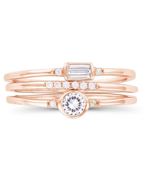 Round and Baguette Cubic Zirconia Stacked Ring (1/2 ct. t.w.) in 14 Karat Rose Gold Over Sterling Silver Set, 3 Piece