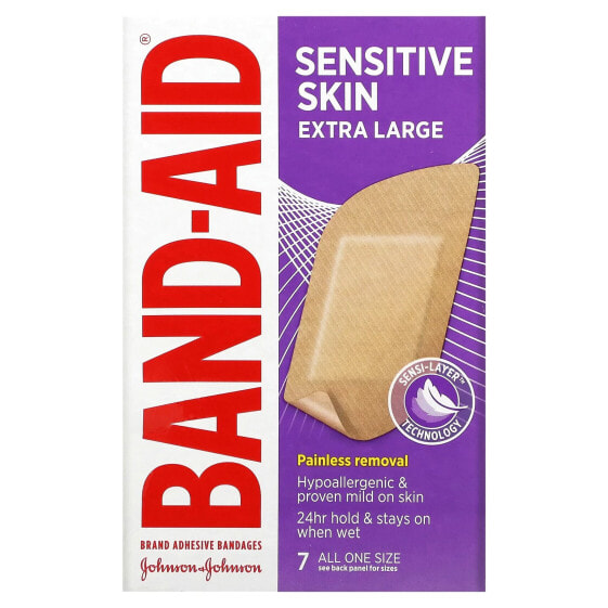 Band Aid, лейкопластыри, для чувствительной кожи, очень большие, 7 шт.