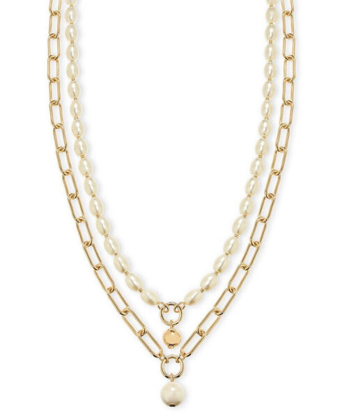 On 34th gold-Tone Chain Link & Imitation Pearl Layered Pendant Necklace, 16" + 2" extender, Created for Macy's