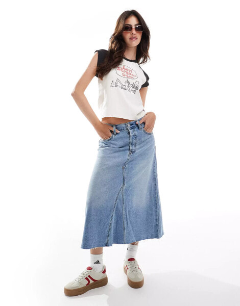 Levi's high rise a line deconstructed long denim skirt in mid blue