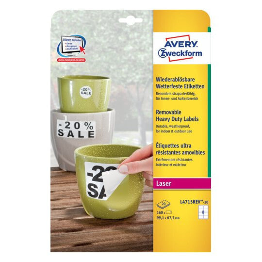 Avery Zweckform Avery L4715REV-20 - White - Rounded rectangle - Removable - 99.1 x 67.7 mm - A4 - Polyester