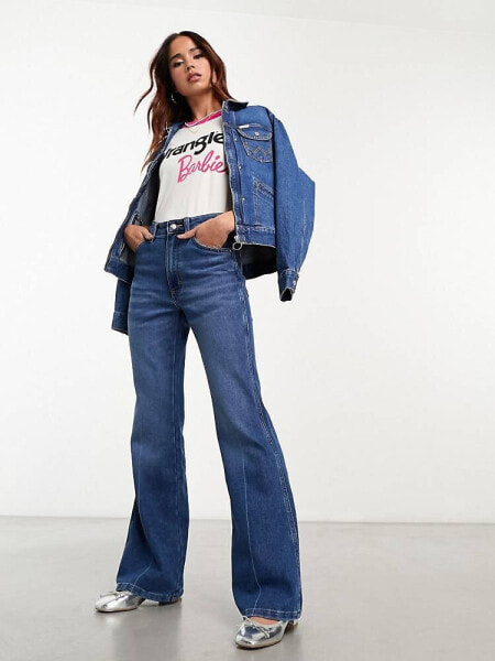 Wrangler Barbie co-ord flared jeans in mid blue