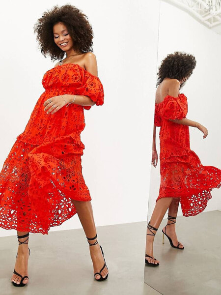 ASOS EDITION blouson off shoulder tiered broderie midi dress in tomato red