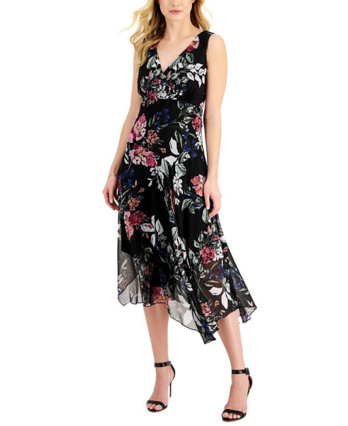 Plus Size Floral-Print Sleeveless Handkerchief-Hem Dress