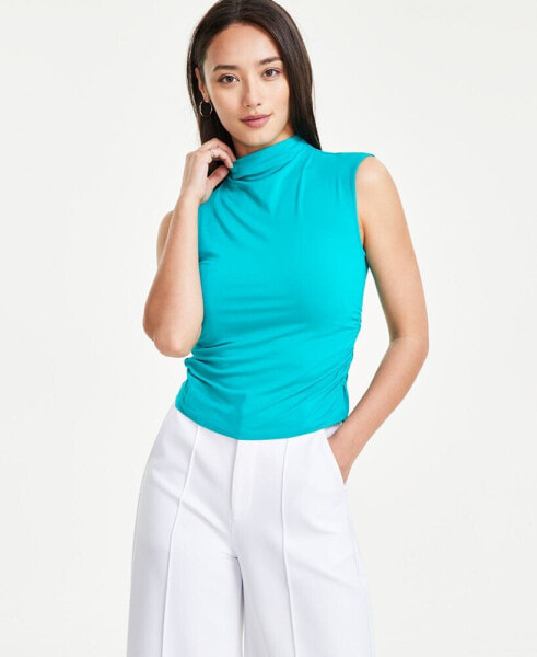 Petite Side-Ruched Mock-Neck Sleeveless Top, Created for Macy's