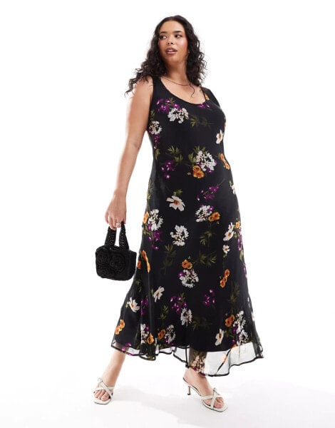 ASOS DESIGN Curve chiffon scoop neck midi slip dress in dark floral print